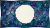 Cosmic space frame with central circle for text or logo placement against starry galaxy background with nebula clouds and celestial elements for astronomy designs.