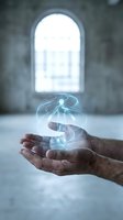 Hands holding glowing holographic dollar sign symbol in atmospheric room with arched window for financial technology and digital currency concepts.