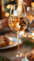 Glass of sparkling rosé wine with bubbles, set on elegant dining table with warm bokeh lights and festive dinner setting for celebrations.