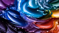Vibrant liquid paint swirls in rainbow colors creating dynamic fluid art with glossy reflective surface and colorful light effects for creative design projects.