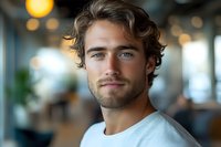 Young handsome Caucasian man with curly brown hair and beard smiling confidently in modern office or cafe setting with warm bokeh lights in background.