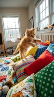Ginger kitten playing on colorful patterned bedding in bright children's bedroom with natural light from windows, toys scattered around, playful pet in home interior setting.