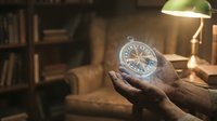 Hands holding glowing compass in cozy library setting with warm lamp light and books creating atmospheric scene for navigation and guidance concepts.