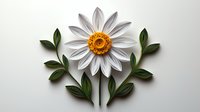 Paper craft white daisy flower with green leaves and yellow center on light background, handmade quilling artwork for greeting cards and wall decor.