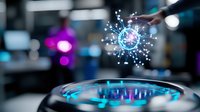 Futuristic holographic technology display with glowing blue particles and digital interface floating above modern device in dark laboratory setting.