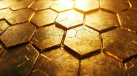 Golden metallic hexagonal pattern with dramatic lighting creates depth and texture, highlighting geometric shapes in warm tones and shadows for technology or science backgrounds.