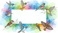 Watercolor hummingbirds frame with blank white space for text. Colorful birds border design for greeting cards, invitations and nature projects.