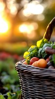 Fresh organic vegetables and fruits in woven basket at sunset with golden bokeh background, farm harvest concept for healthy eating and agriculture.