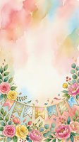 Watercolor floral frame with pastel roses, peonies, and eucalyptus leaves surrounding decorative bunting banner on soft gradient background. Isolated design for invitations, greeting cards, and celebrations.