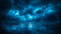 Lightning storm over dark ocean at night with dramatic clouds and electric blue reflections on water surface creating moody atmospheric scene.