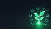 Green plant sprout with glowing eco-friendly icons on dark background representing sustainable business growth and environmental technology solutions.