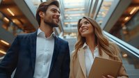 Young professional Caucasian couple on escalator in modern business center. Man in navy suit and woman in beige coat holding tablet smile at each other during workday.