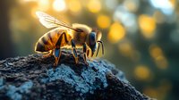 Honeybee on textured surface with golden bokeh background, macro photography showcasing insect details and warm lighting for nature and wildlife projects.