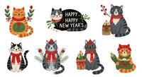 Cute cats wearing festive outfits and holiday decorations, isolated on white background. Perfect for greeting cards, seasonal designs, and holiday-themed projects.