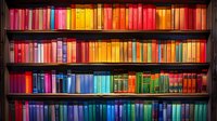 Colorful rainbow arrangement of books on wooden library shelves, perfect for education, knowledge, and learning concepts. Organized spectrum of book spines creates vibrant background pattern.