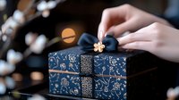 Elegant navy blue jewelry box with ornate floral pattern and golden details being decorated with bow, captured with soft bokeh lights and cherry blossoms in background.