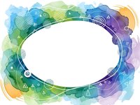 Colorful watercolor oval frame with geometric patterns and rainbow gradient border for creative design projects and artistic presentations.
