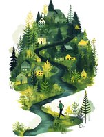 Serene hillside village with winding path through green forest and scattered yellow houses, lone hiker exploring nature trail. Watercolor style artwork for book illustration.