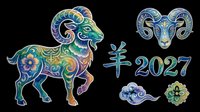 Colorful ornate ram with Chinese zodiac Year of the Goat 2027 elements, isolated on transparent background, ready for clipart, stickers, t-shirt design, sublimation, print on demand.