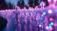 Futuristic humanoid figures with glowing bodies walking in formation through neon-lit environment. Digital art concept for sci-fi technology and artificial intelligence themes.