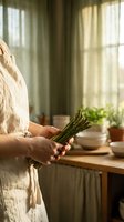 Woman in linen apron holding fresh asparagus spears in sunlit kitchen with wooden countertop and potted herbs for healthy cooking and farm-to-table meals.