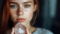 Young woman with freckles and red hair holding natural crystal quartz against face in moody lighting, showcasing natural beauty and spiritual wellness concept.
