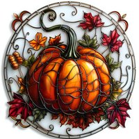 Stained glass style autumn pumpkin with red maple leaves and ornate swirls in circular frame on white background, seasonal decorative artwork.