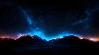 Majestic mountain range silhouette under vibrant night sky with glowing blue nebula and countless stars, dramatic landscape panorama with cosmic atmosphere.