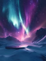Spectacular aurora borealis dancing over snowy mountain landscape with vibrant pink and turquoise colors reflecting in frozen lake surface during polar night.
