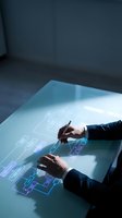 Businessman in dark suit interacting with holographic interface display, touching digital wireframe schematic on futuristic touchscreen table for app development.