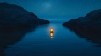 Glowing lantern floating on calm water between rocky cliffs at night, stars reflecting in dark blue water surface creating mystical atmosphere.