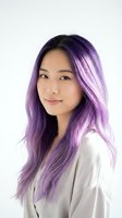 Young Asian woman with vibrant purple hair color and natural makeup on white background. Hair styling and beauty salon concept for modern fashion trends.