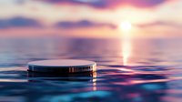 Glowing product display platform on rippling water surface against dramatic purple sunset sky, creating luxurious presentation backdrop for cosmetics or jewelry.