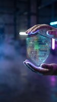 Hands holding glowing digital shield with code and security icons in neon blue and purple light, representing cybersecurity, data protection, and network safety for tech concepts.