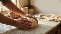 Hands kneading fresh bread dough on floured wooden surface in rustic kitchen. Traditional homemade baking process with natural lighting and artisan craftsmanship.