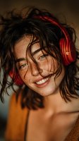 Young woman with freckles and messy dark hair wearing red headphones smiles genuinely at camera. Natural warm lighting creates intimate portrait mood.