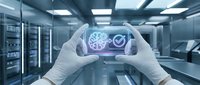 Gloved hands holding a transparent futuristic tablet with brain and checkmark icons in a modern server room, symbolizing AI verification.