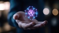Glowing purple and blue geometric hologram floating above open palm against dark background with bokeh lights, showcasing futuristic technology concept.