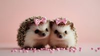 Two adorable hedgehogs wearing pink bows pose together on pink background with scattered heart confetti, creating sweet romantic mood for valentines cards.