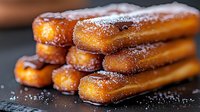 Fresh baked eclairs dusted with powdered sugar on dark background, close up view showing golden brown pastry and delicate sugar coating.