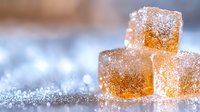 Sweet amber sugar cubes covered in sparkling crystals on blurred background with soft bokeh effect, macro food photography in warm tones.