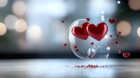Red hearts floating in transparent glass sphere against blurred bokeh background, romantic Valentine concept with scattered heart shapes and reflective surface.