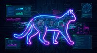 Futuristic neon cat silhouette with circuit board pattern on dark tech background with holographic data interfaces and digital elements.