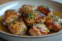 Juicy glazed chicken thighs garnished with fresh herbs and sesame seeds, served in savory sauce on ceramic plate. Close up view of Asian cuisine.