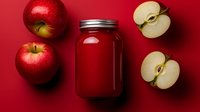 Fresh red apple juice in glass mason jar surrounded by whole and sliced apples on vibrant red background, minimalist food composition for healthy lifestyle concept.