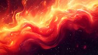 Vibrant cosmic nebula with swirling orange and red flames against dark space background, glowing energy waves creating dynamic celestial patterns in deep universe.