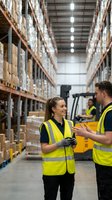 Two warehouse workers in safety vests having friendly conversation in modern distribution center with forklift and storage shelves in background.