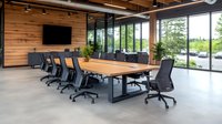 Modern conference room with wooden walls, large windows, natural light, long oak table and ergonomic black chairs in contemporary office space overlooking parking area.