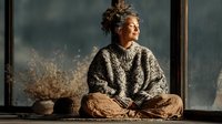 African American woman meditating in cozy sweater by window with warm sunlight streaming in, peaceful mindfulness practice for wellness and relaxation.