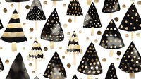 Festive black and gold watercolor party hats pattern with polka dots and stripes on white background. Seamless repeat design for celebration and birthday themes.
